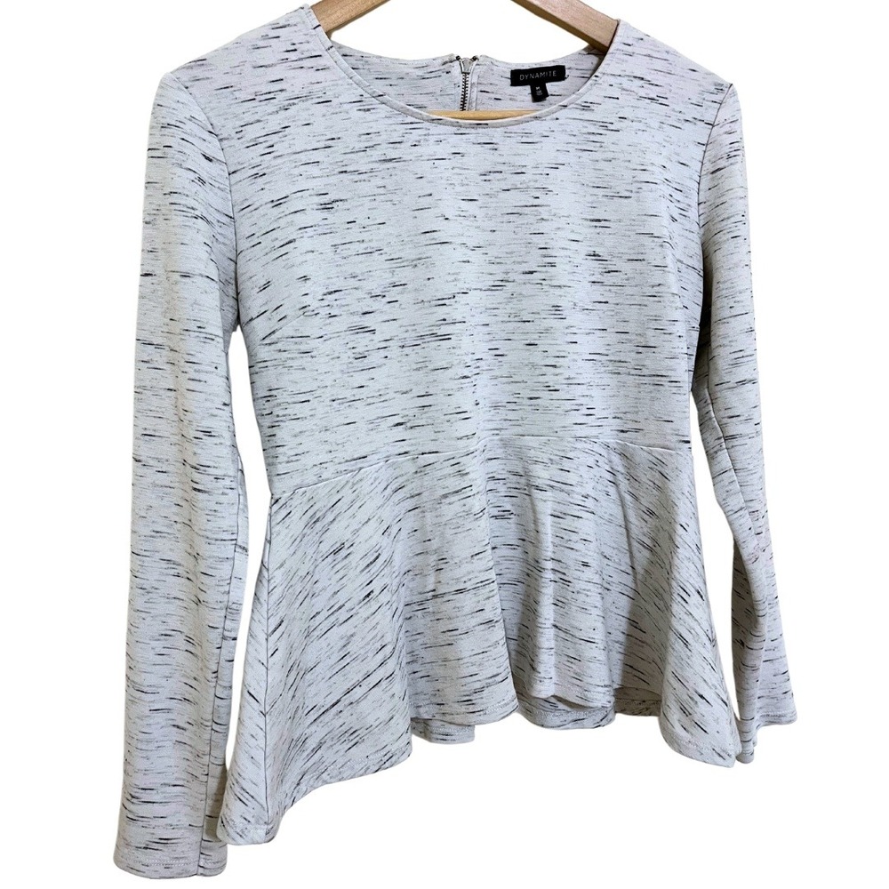 Peplum White w Grey Fleck Gold Zip Back Long Sleeve Scoop Neck Top – Dynamite, M